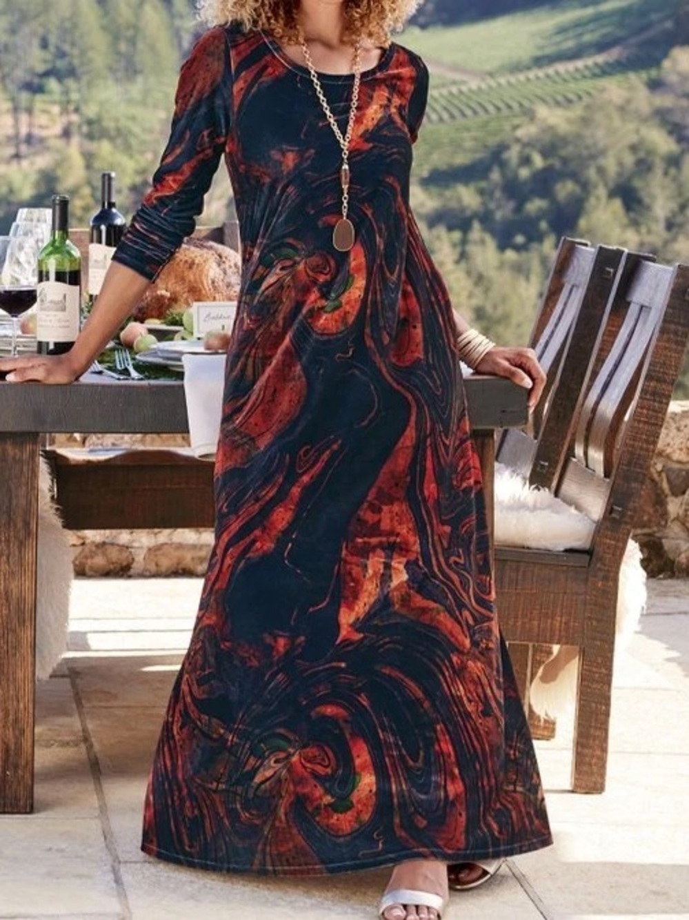 Soft Surroundings Santiago Velvet Watercolor Swirl Maxi Dress Fall Artsy M
